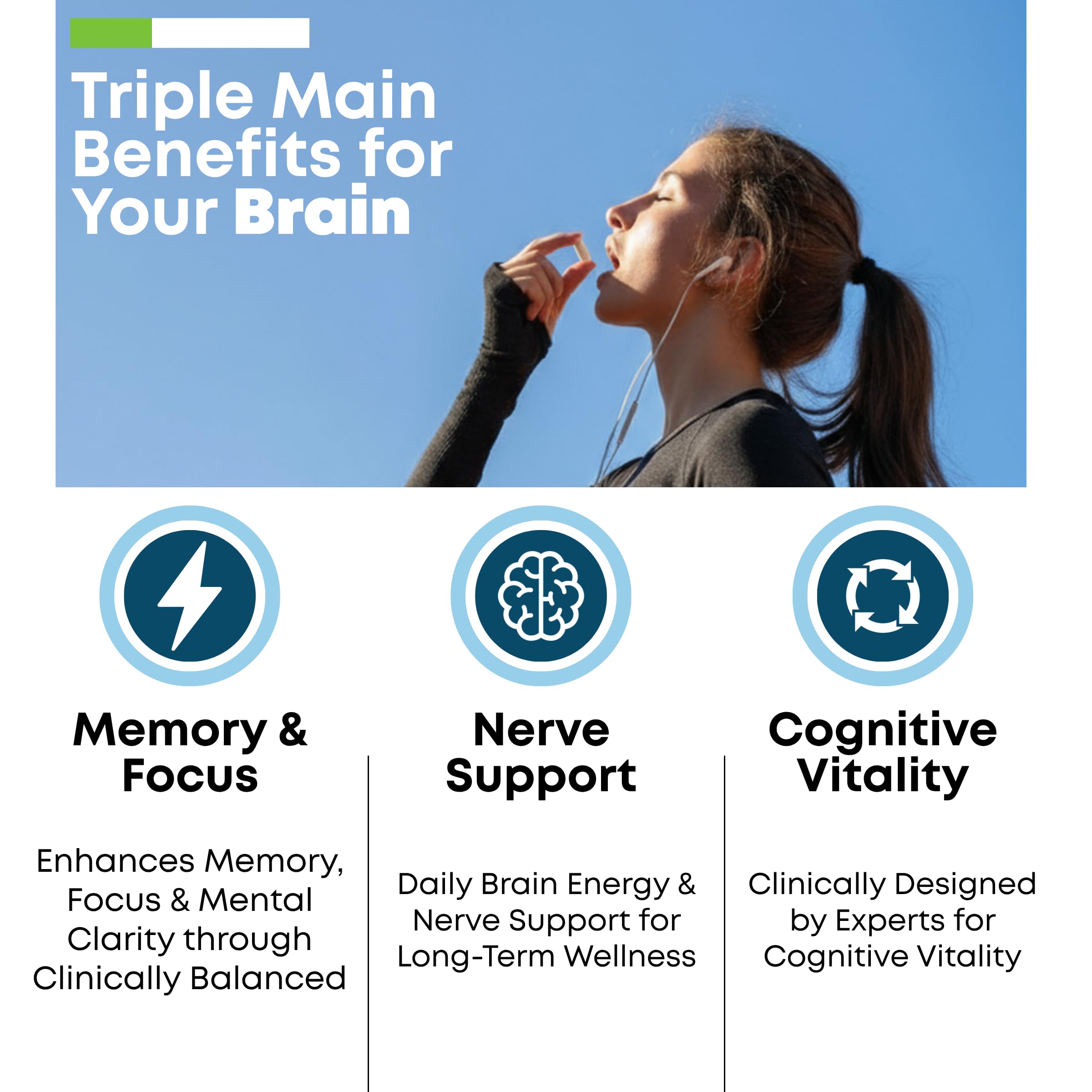 Ingredients chart shows L-Methylfolate, NAC, and B vitamins for cognitive wellness.
