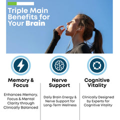 Ingredients chart shows L-Methylfolate, NAC, and B vitamins for cognitive wellness.