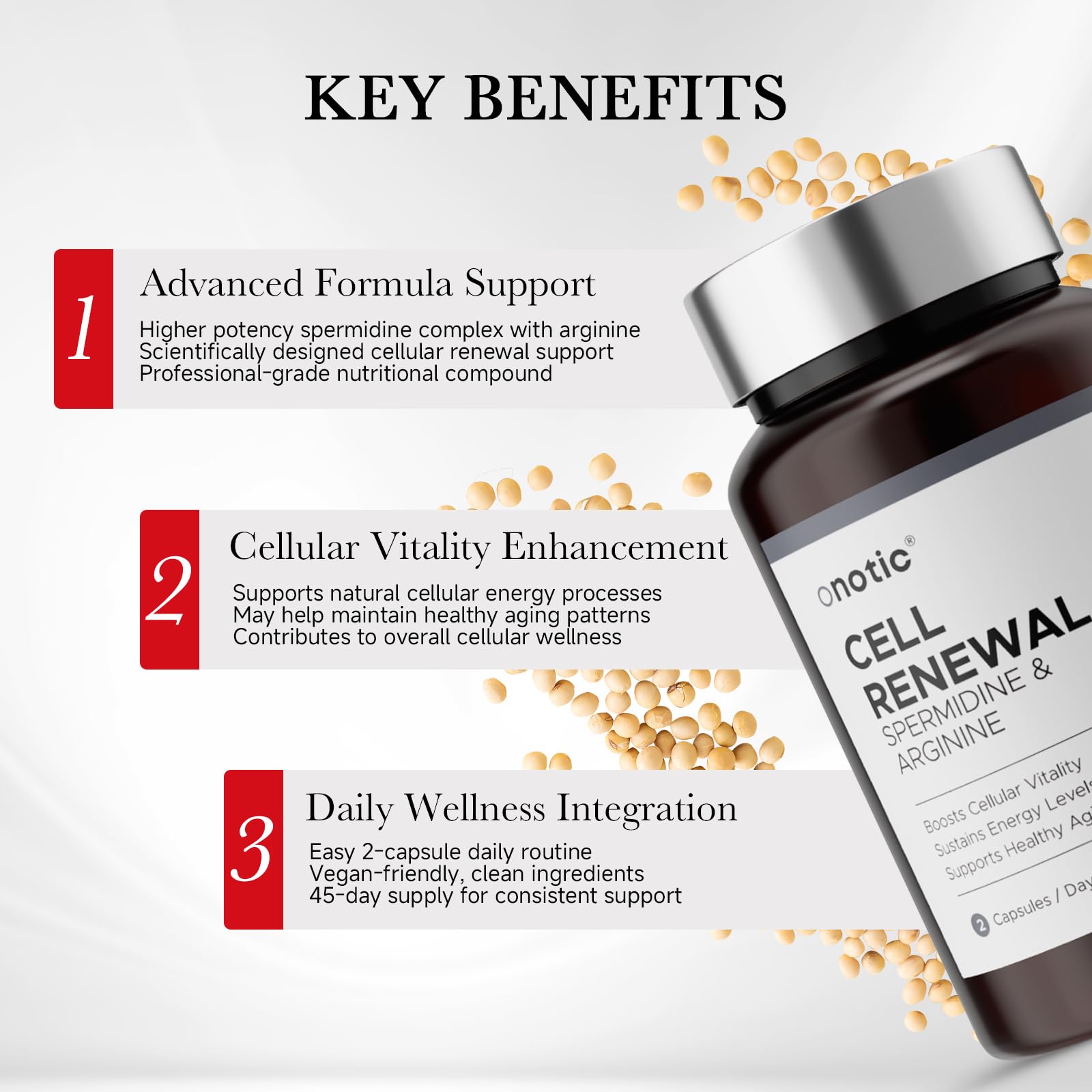 Onotic Spermidine capsules close up emphasizing 99 percent purity and energy