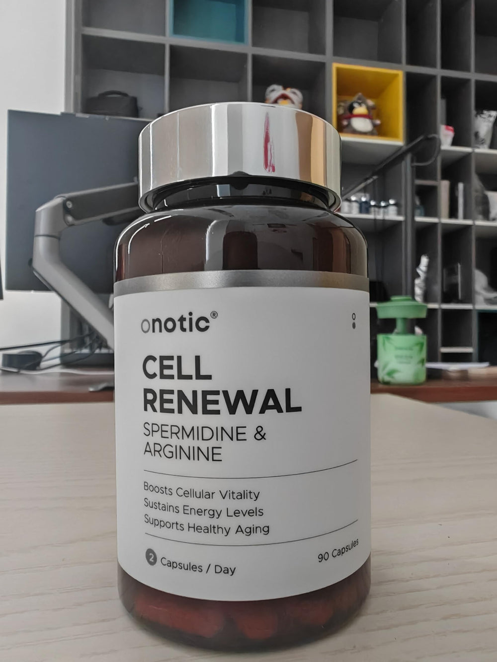 Onotic Spermidine bottle in kitchen setting for daily vitality
