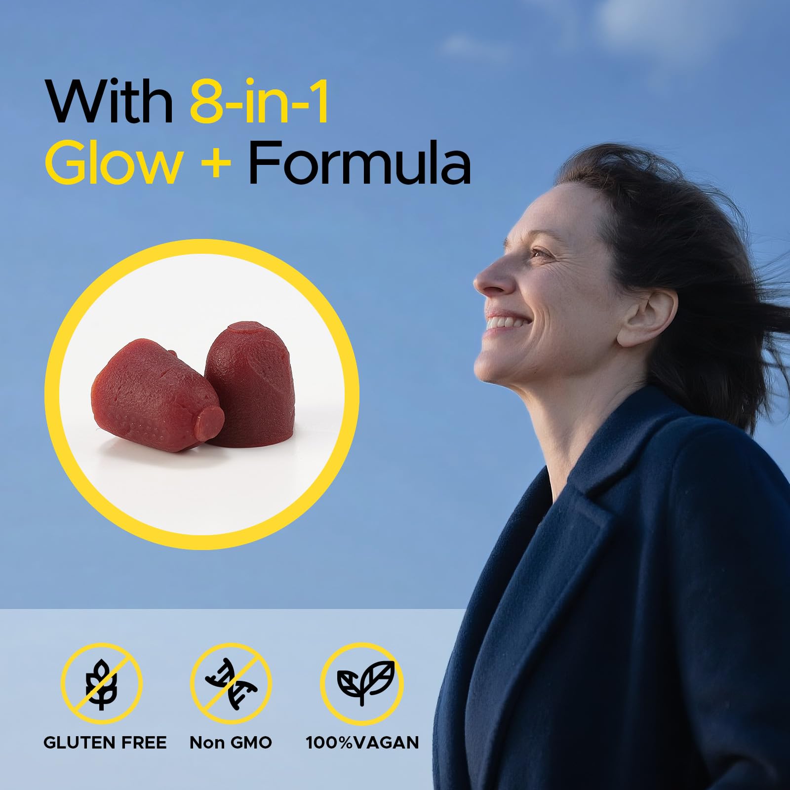 ONOTIC Tanning Gummies texture closeup shows chewy, sugar-free daily supplement