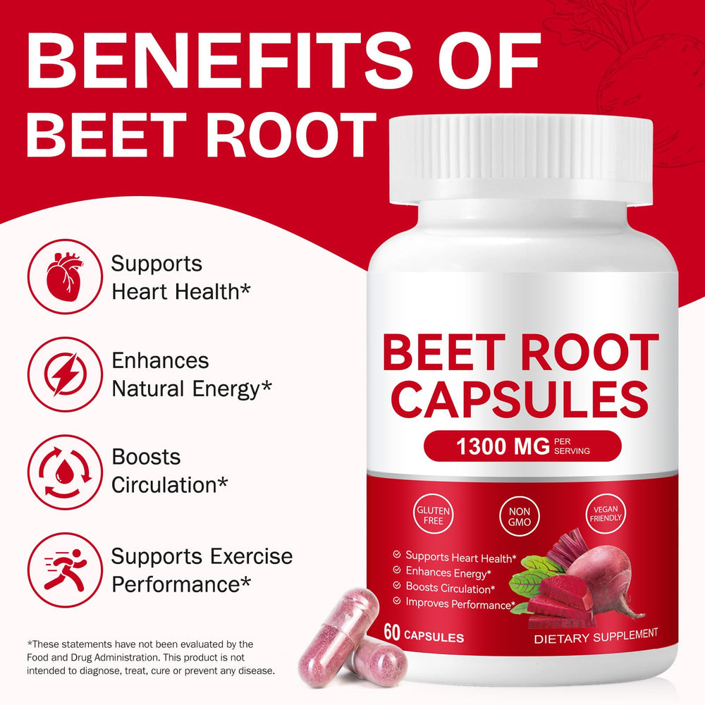 Onznoz Beetroot Capsules bottle side view highlighting vegan, gluten-free formula.
