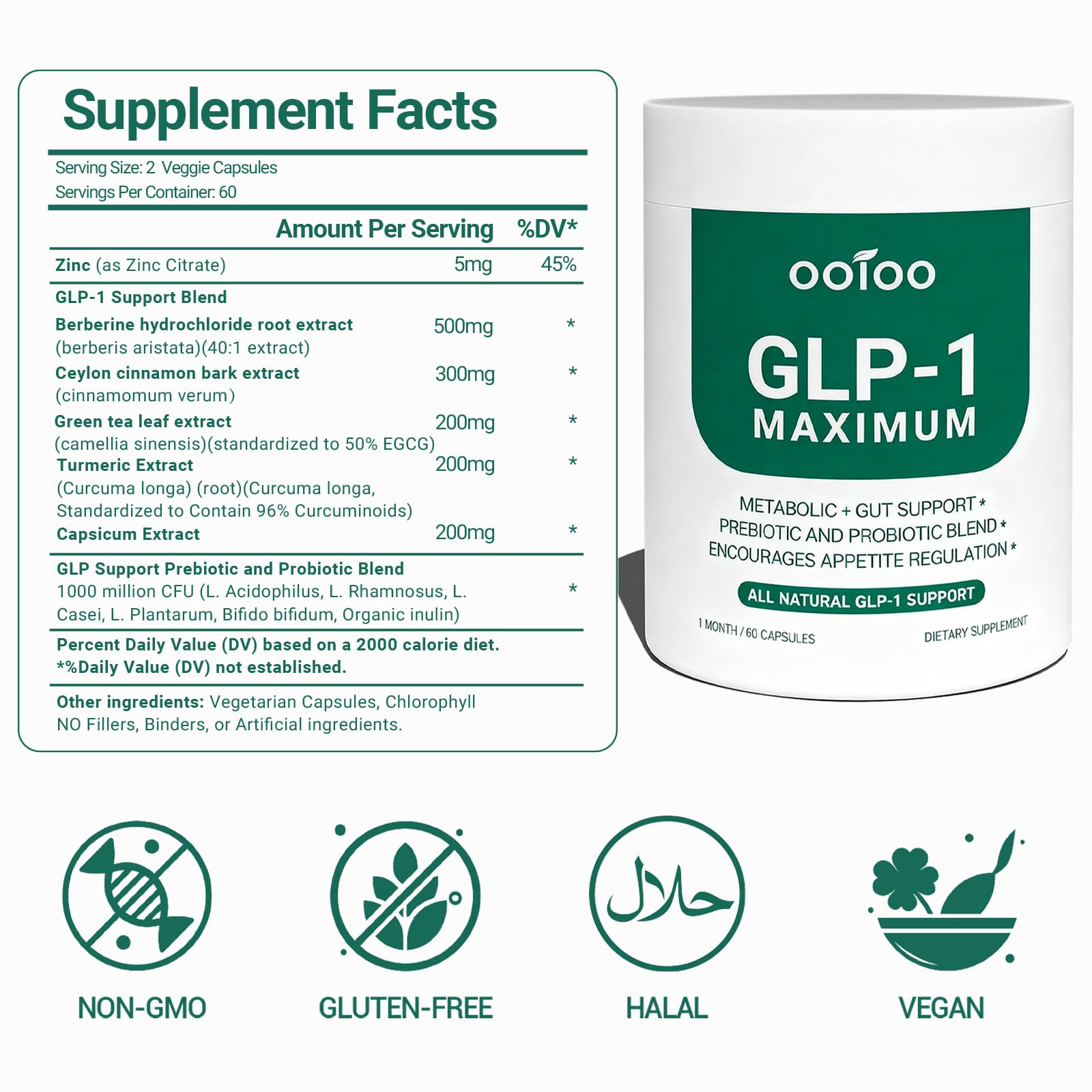 ooioo GLP-1 bottle on countertop showcases the vegan non-GMO formula.