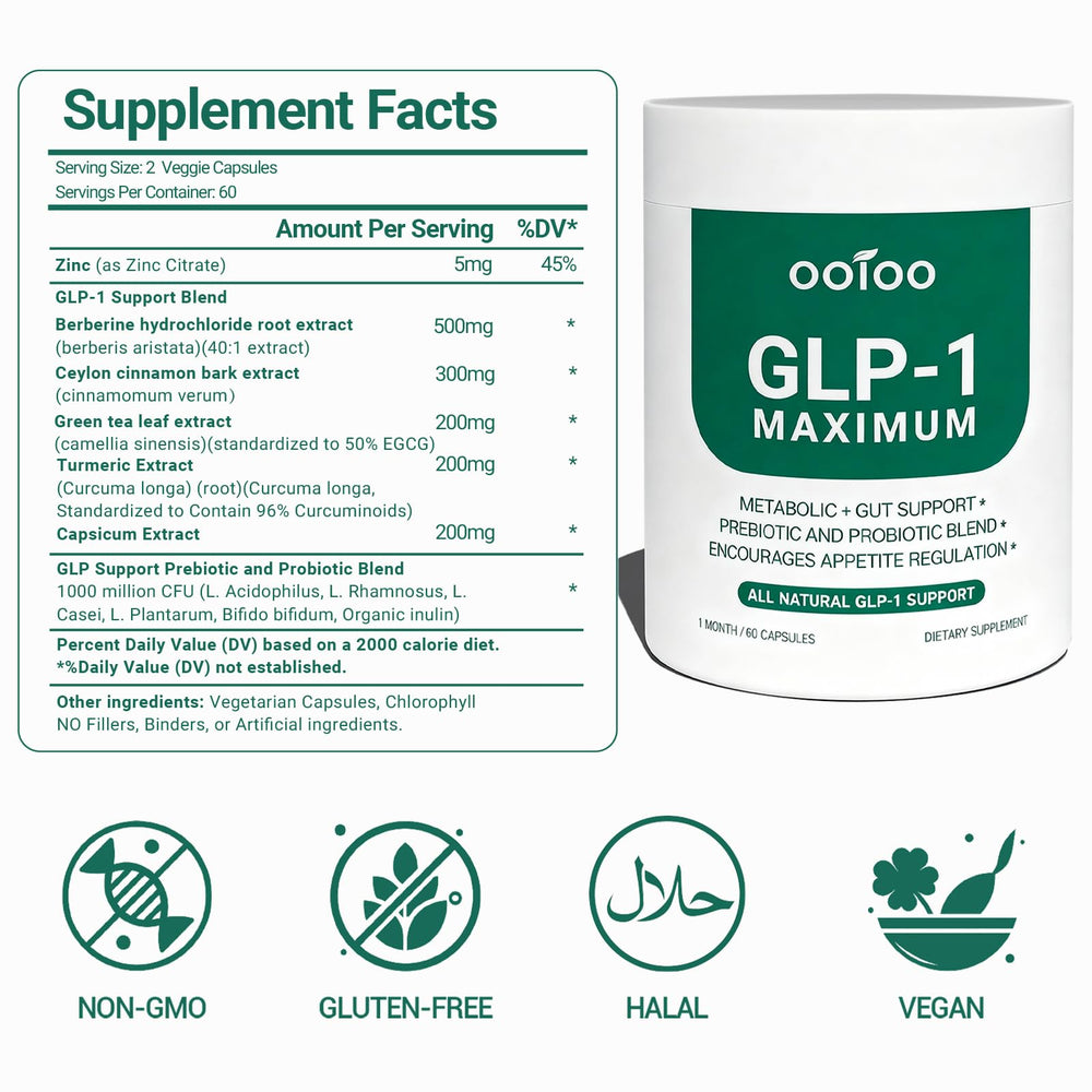 ooioo GLP-1 bottle on countertop showcases the vegan non-GMO formula.