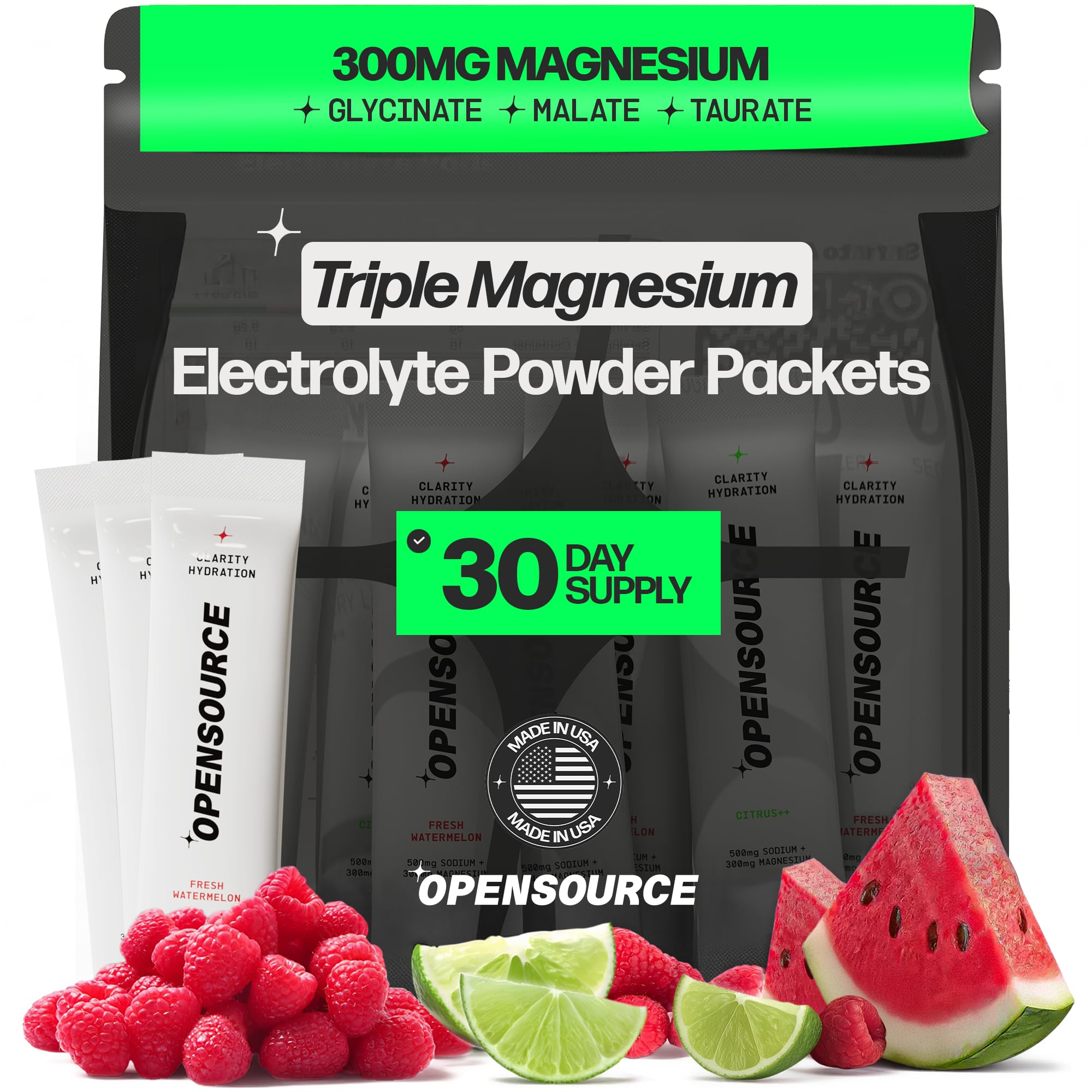 OPENSOURCE Watermelon electrolyte packet designed for on-the-go hydration.