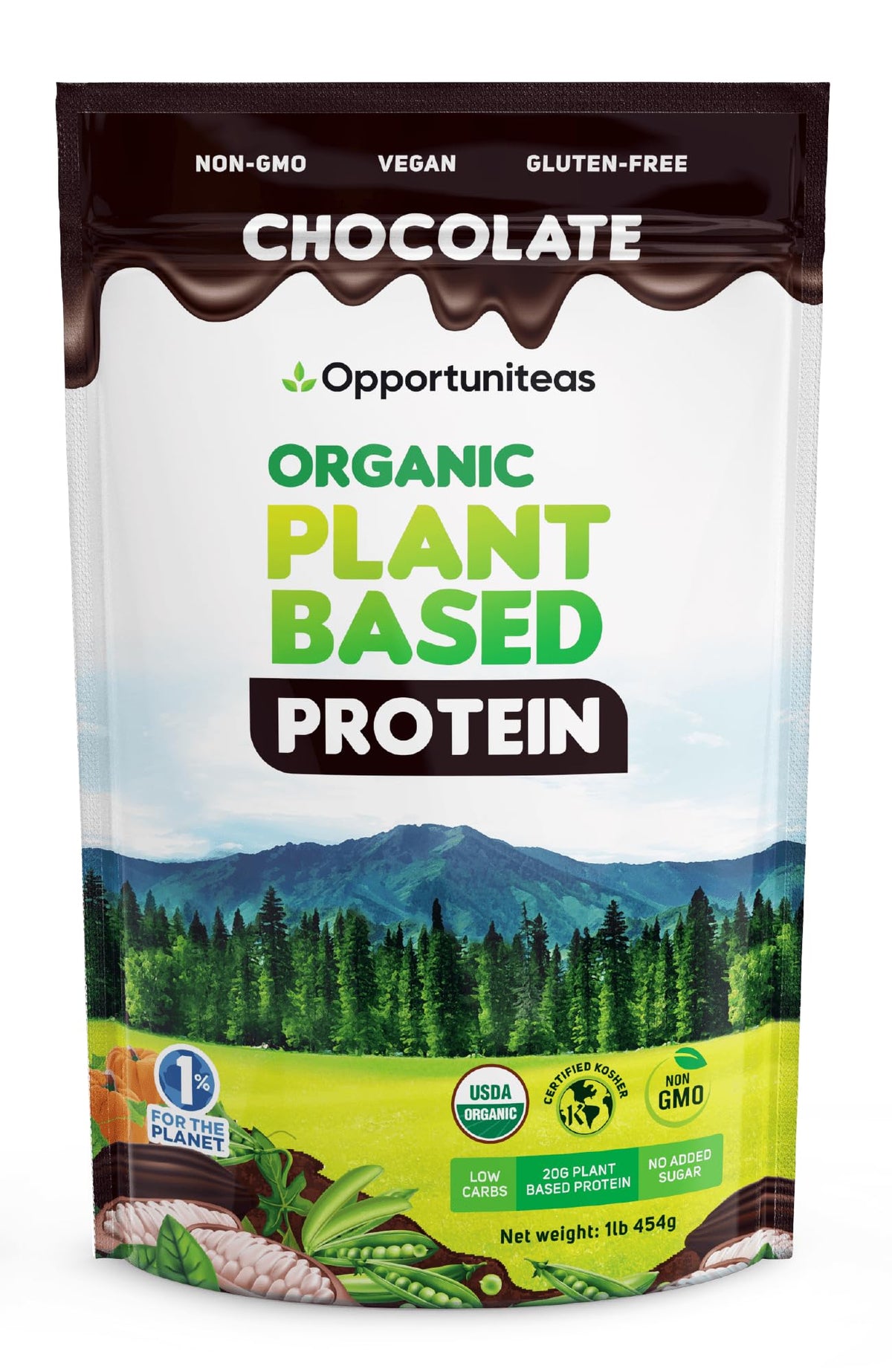 Opportuniteas creamy chocolate protein powder in a 1 lb jar for shakes