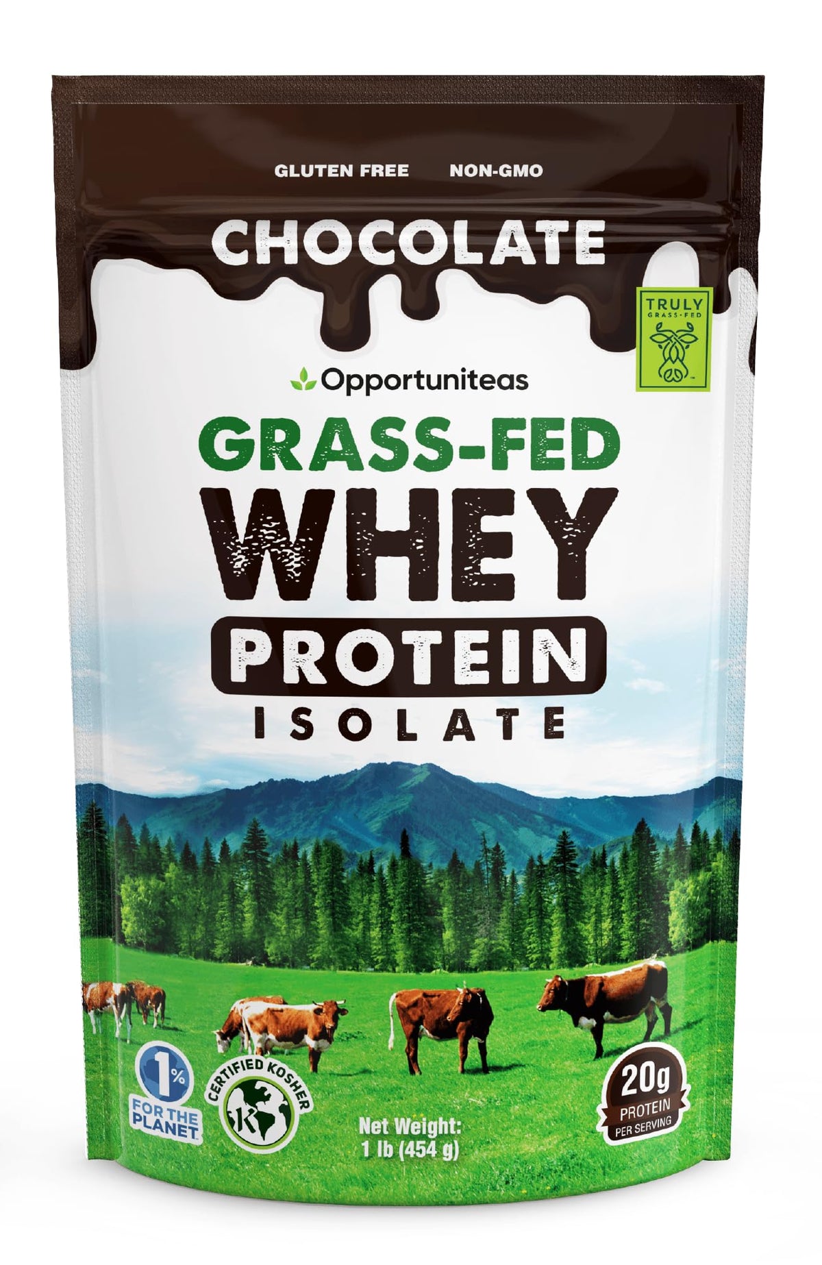 Opportuniteas grass-fed chocolate whey isolate packaging emphasizes transparency and freshness.