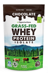 Opportuniteas grass-fed chocolate whey isolate packaging emphasizes transparency and freshness.