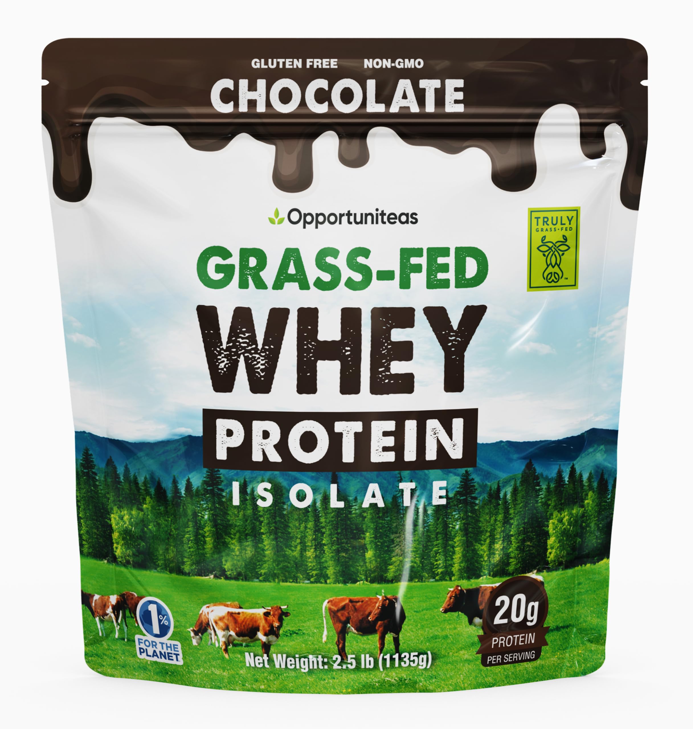 Opportuniteas grass fed chocolate whey isolate bag shows premium protein source from Ireland for post-workout recovery