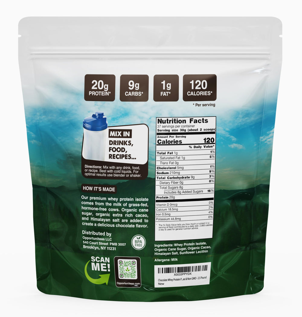 Opportuniteas grass fed chocolate whey isolate scoop enables easy measurement and smooth shakes