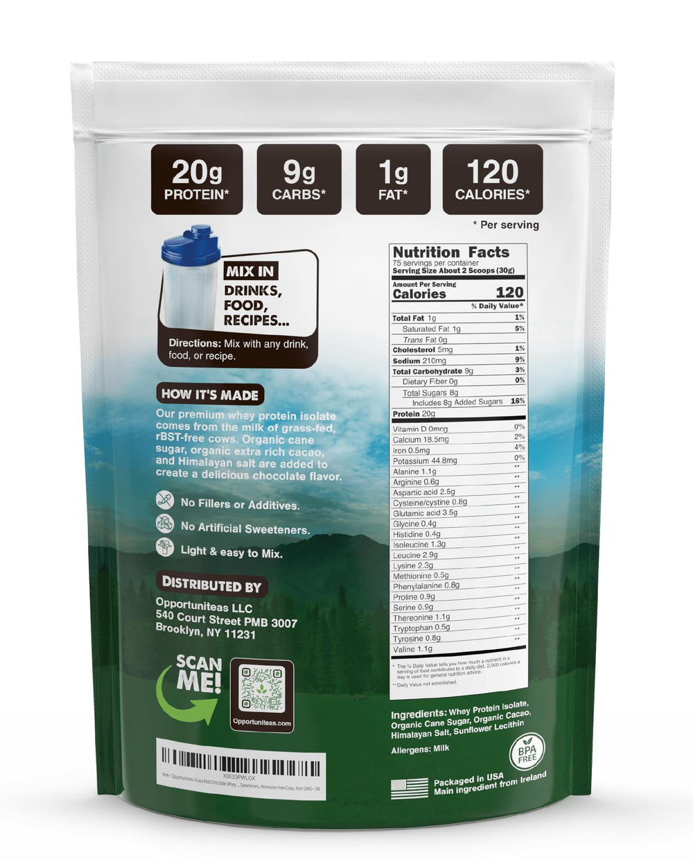 Opportuniteas grass-fed chocolate whey tub label highlighting transparent sourcing