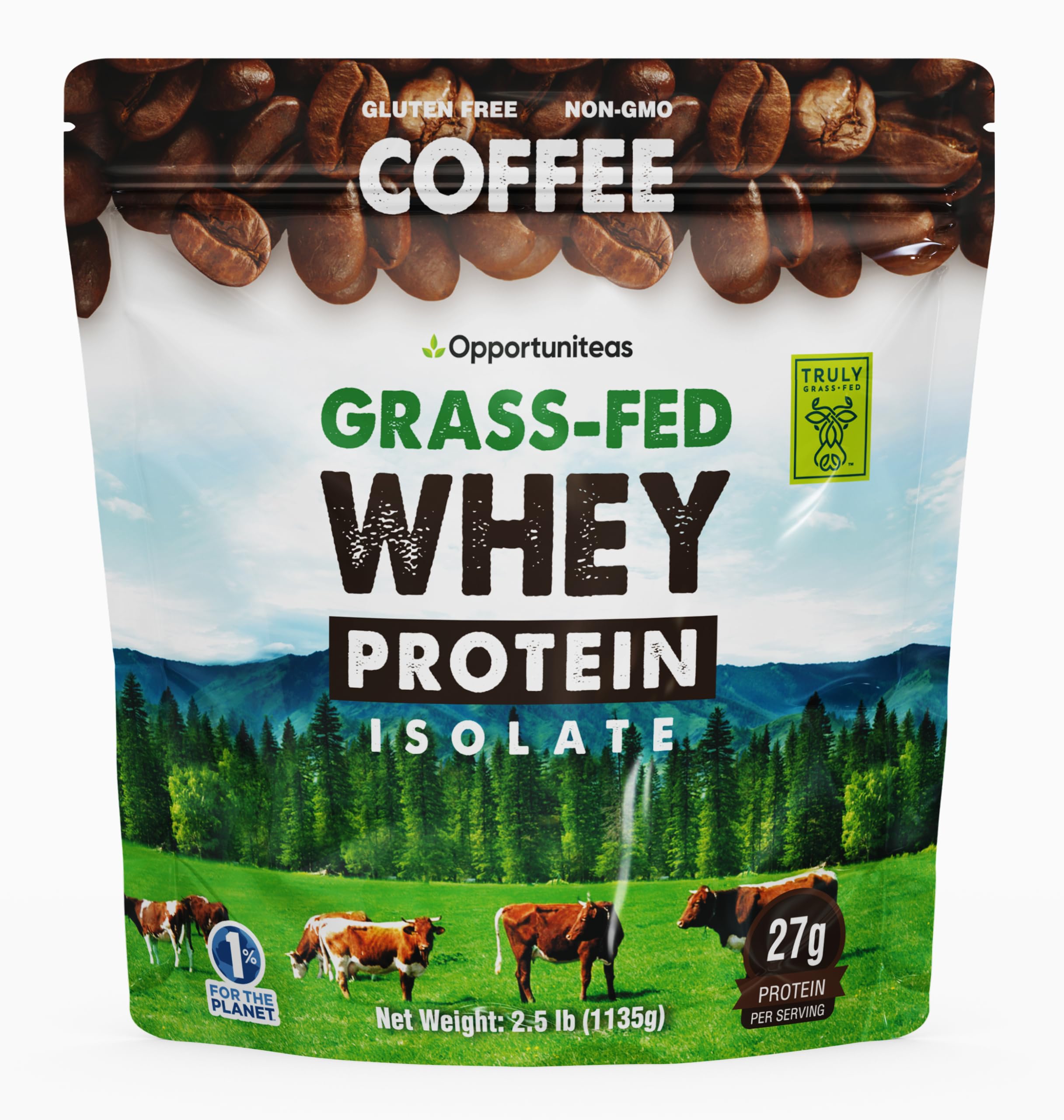 Opportuniteas Grass Fed Coffee Whey Canister shows grass-fed dairy and high protein for post-workout recovery.