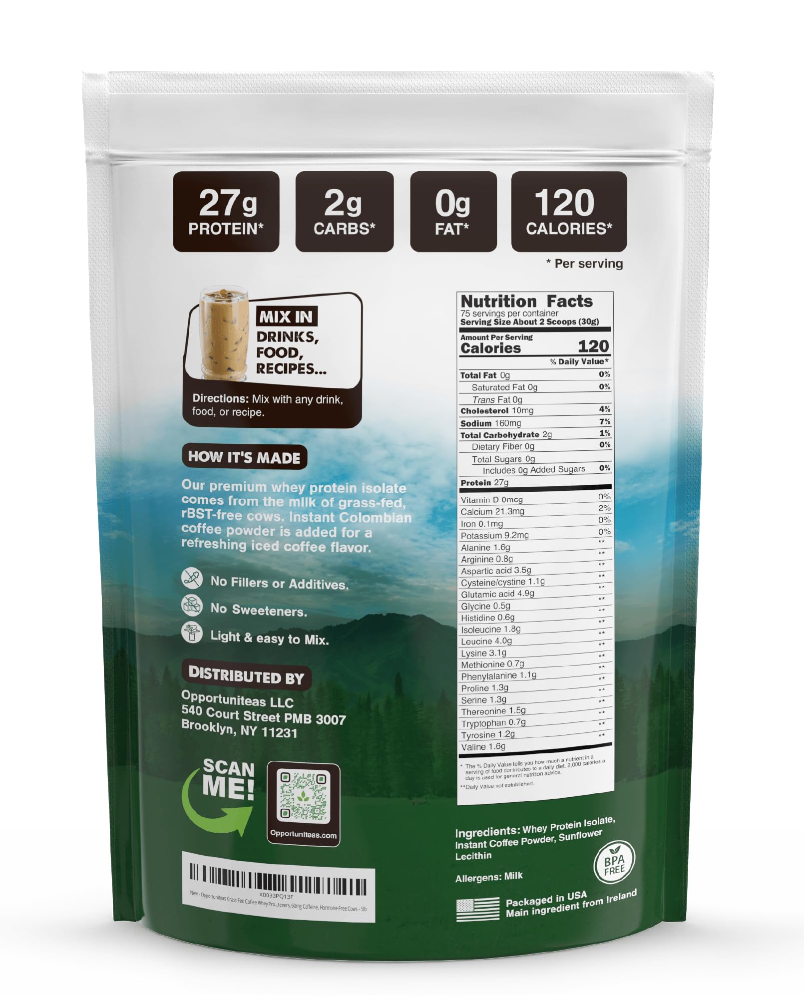 Opportuniteas grass-fed coffee whey powder scoop demonstrates easy servings.