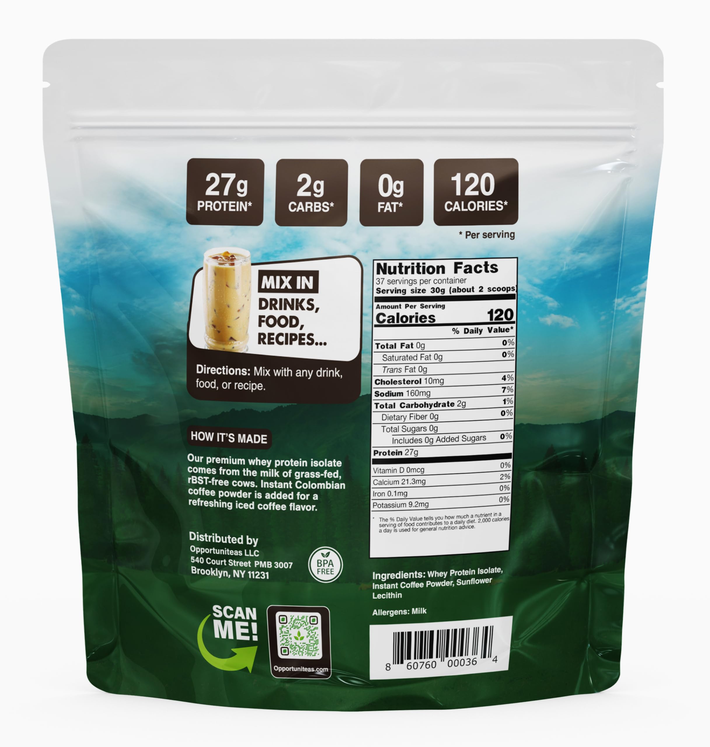 Opportuniteas Grass Fed Coffee Whey Scoop illustrating convenient serving for quick shakes.