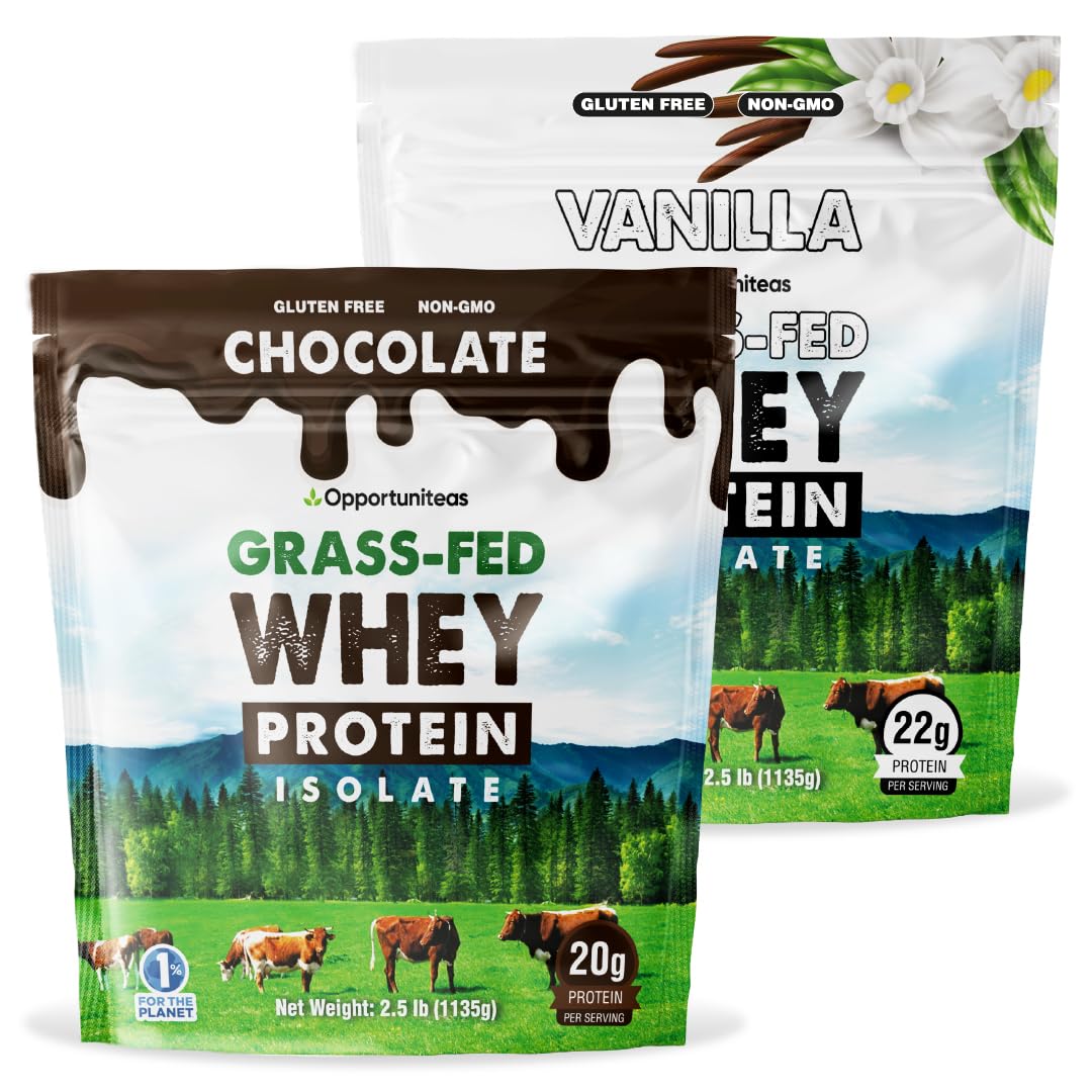 Opportuniteas grass-fed vanilla choco whey powder bag showing premium protein source