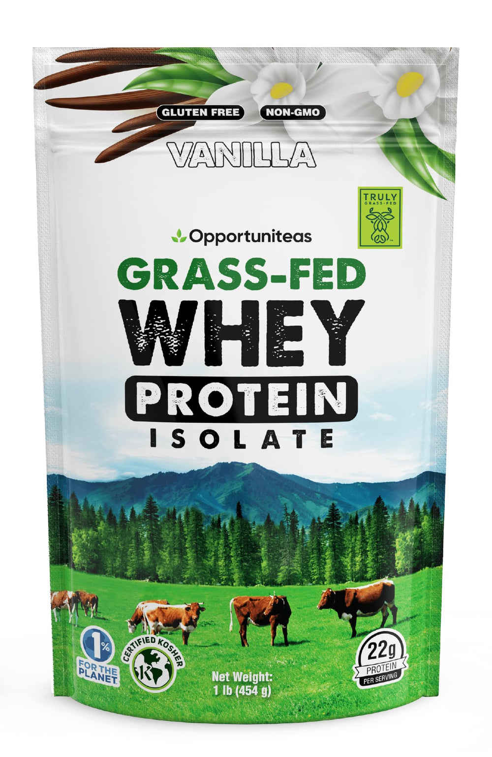 Opportuniteas grass-fed vanilla whey bottle for post-workout shakes.