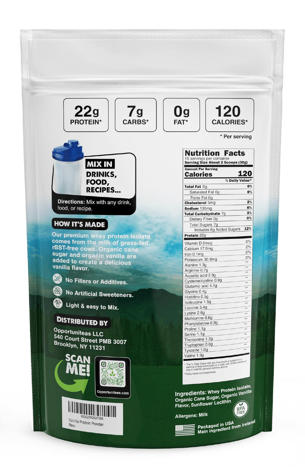 Opportuniteas grass-fed vanilla whey tub front highlights premium ingredients.