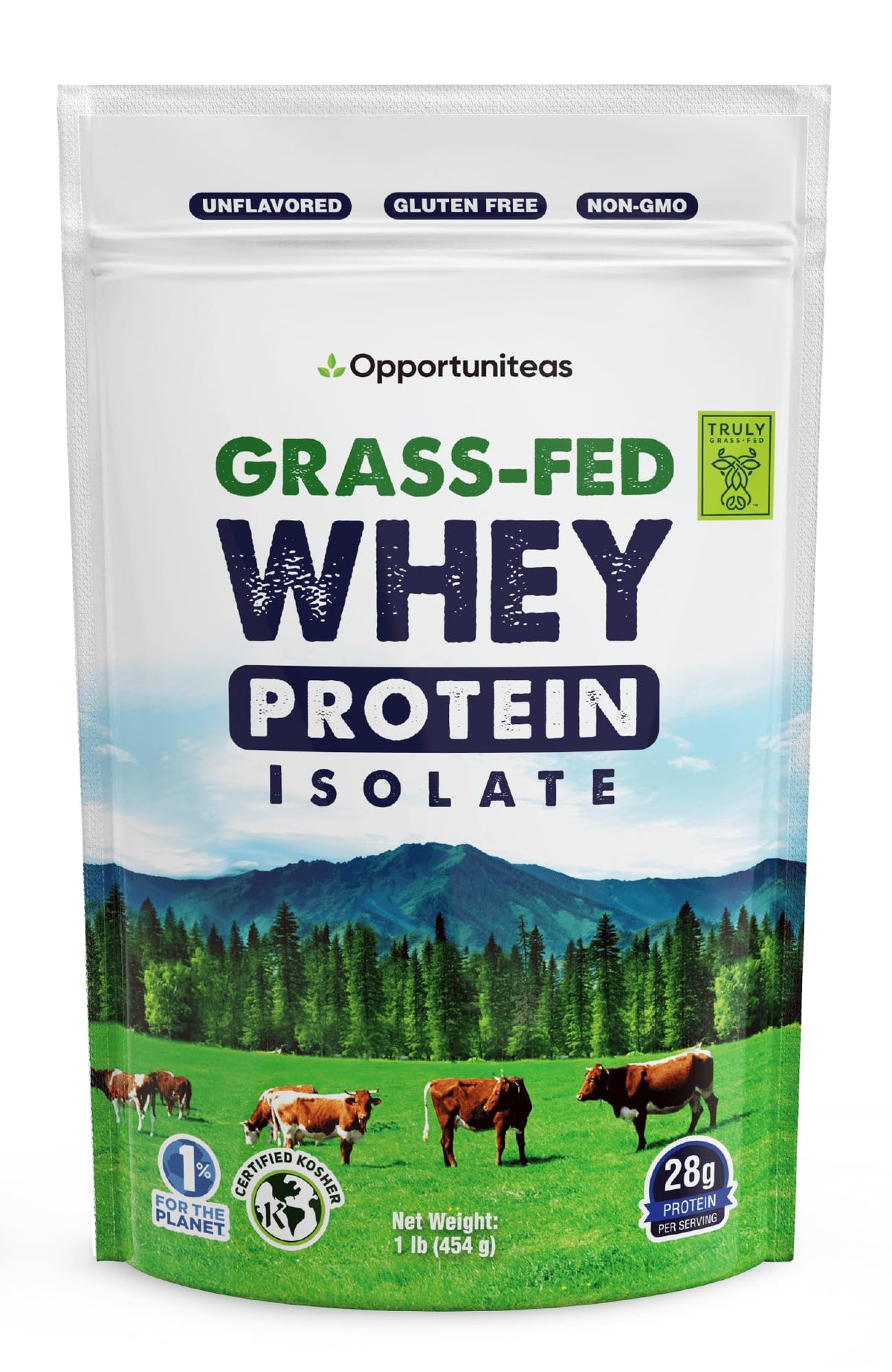Opportuniteas Grass Fed Whey Isolate packaging shows USA freshness and product clarity.