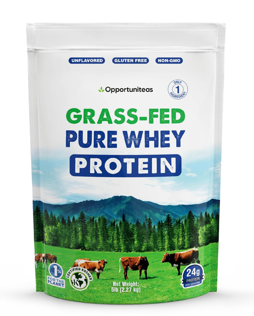 Opportuniteas grass-fed whey bottle on shelf, clean protein for everyday shakes.