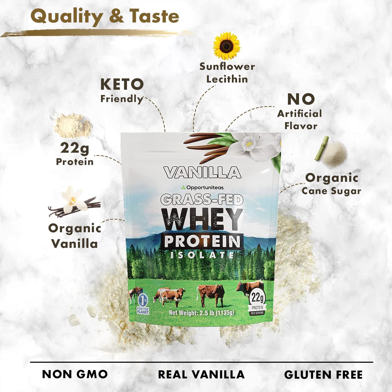 Opportuniteas organic cacao powder container emphasizing natural flavor