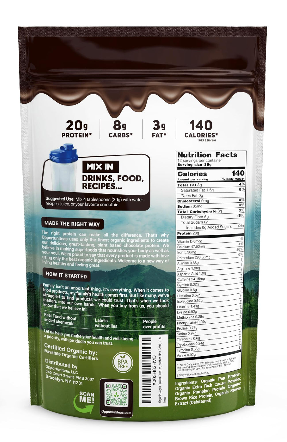 Opportuniteas organic plant-based protein blend ingredients label