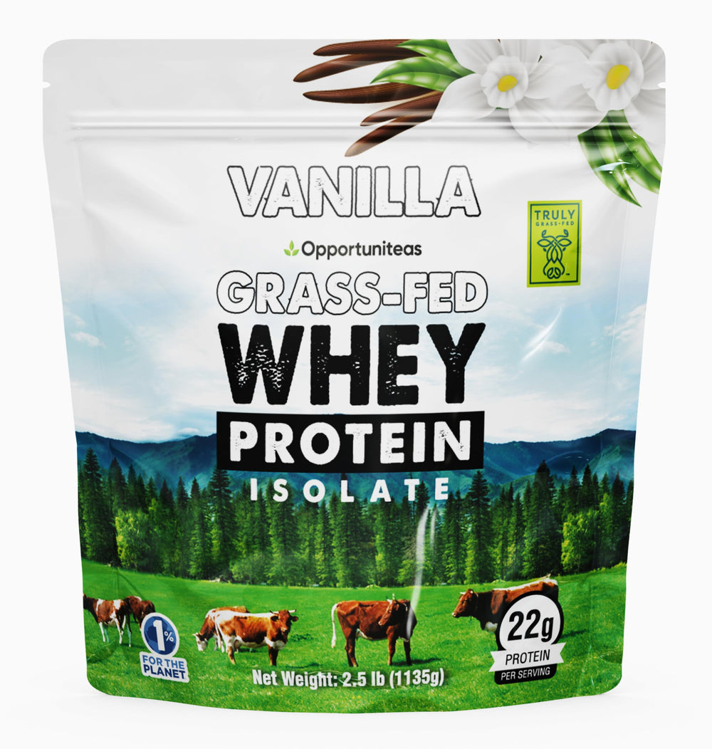 Opportuniteas vanilla whey protein front packaging showcases clean ingredients for daily fuel.