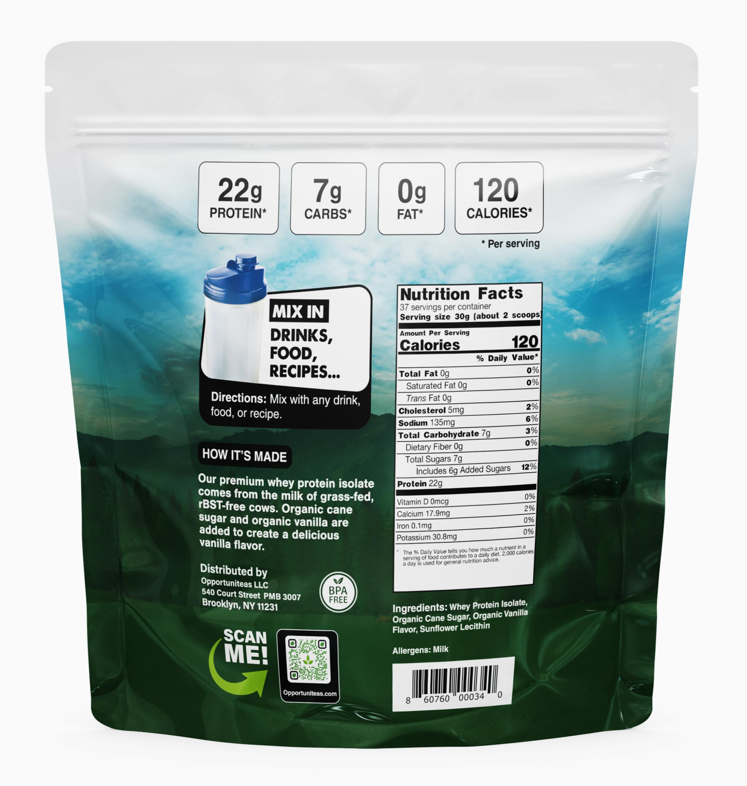 Opportuniteas vanilla whey protein scoop dispensing a measured serving for easy mixing.
