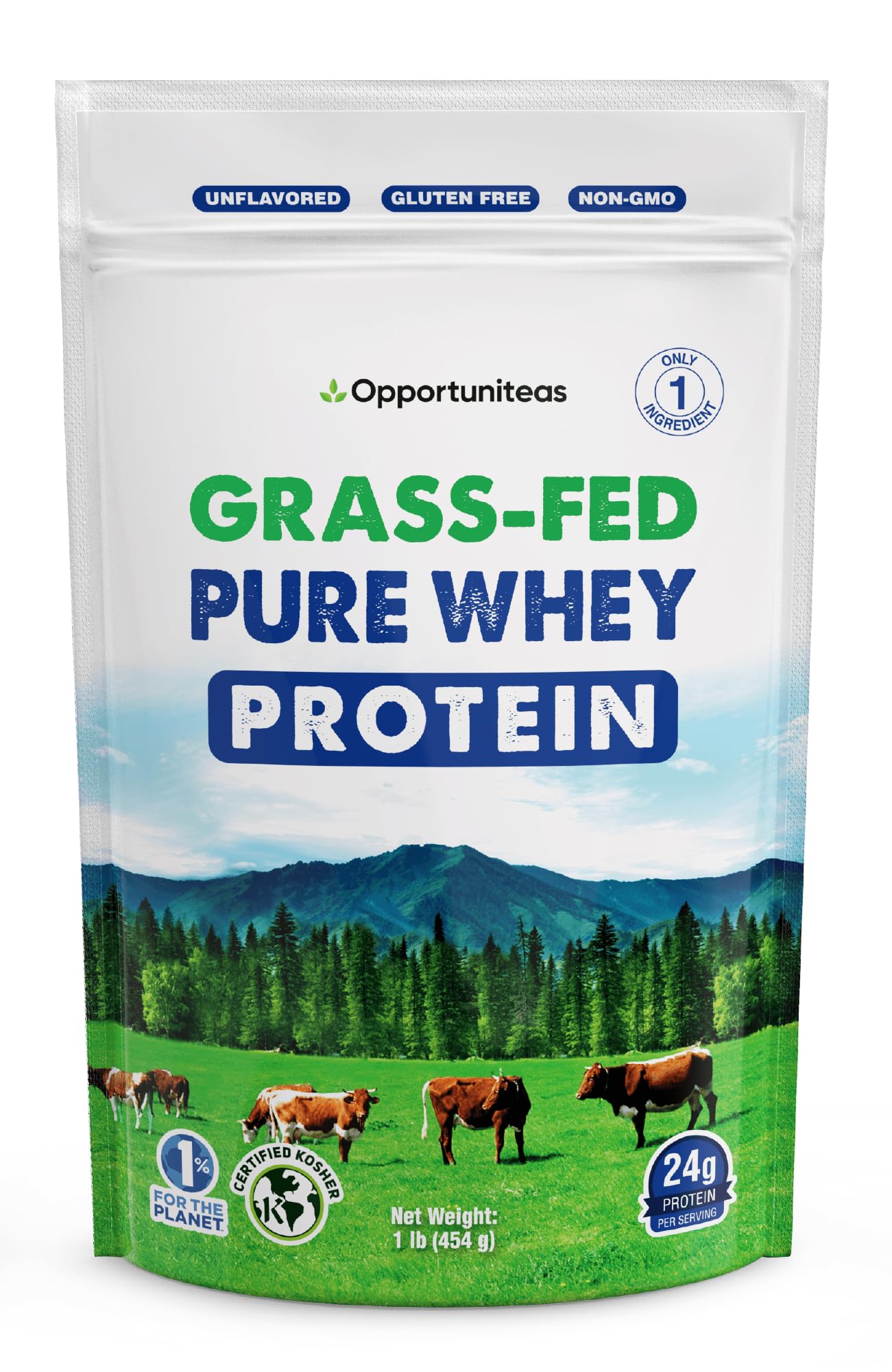 Opportuniteas grass-fed whey container showing hormone-free dairy origin for clean protein