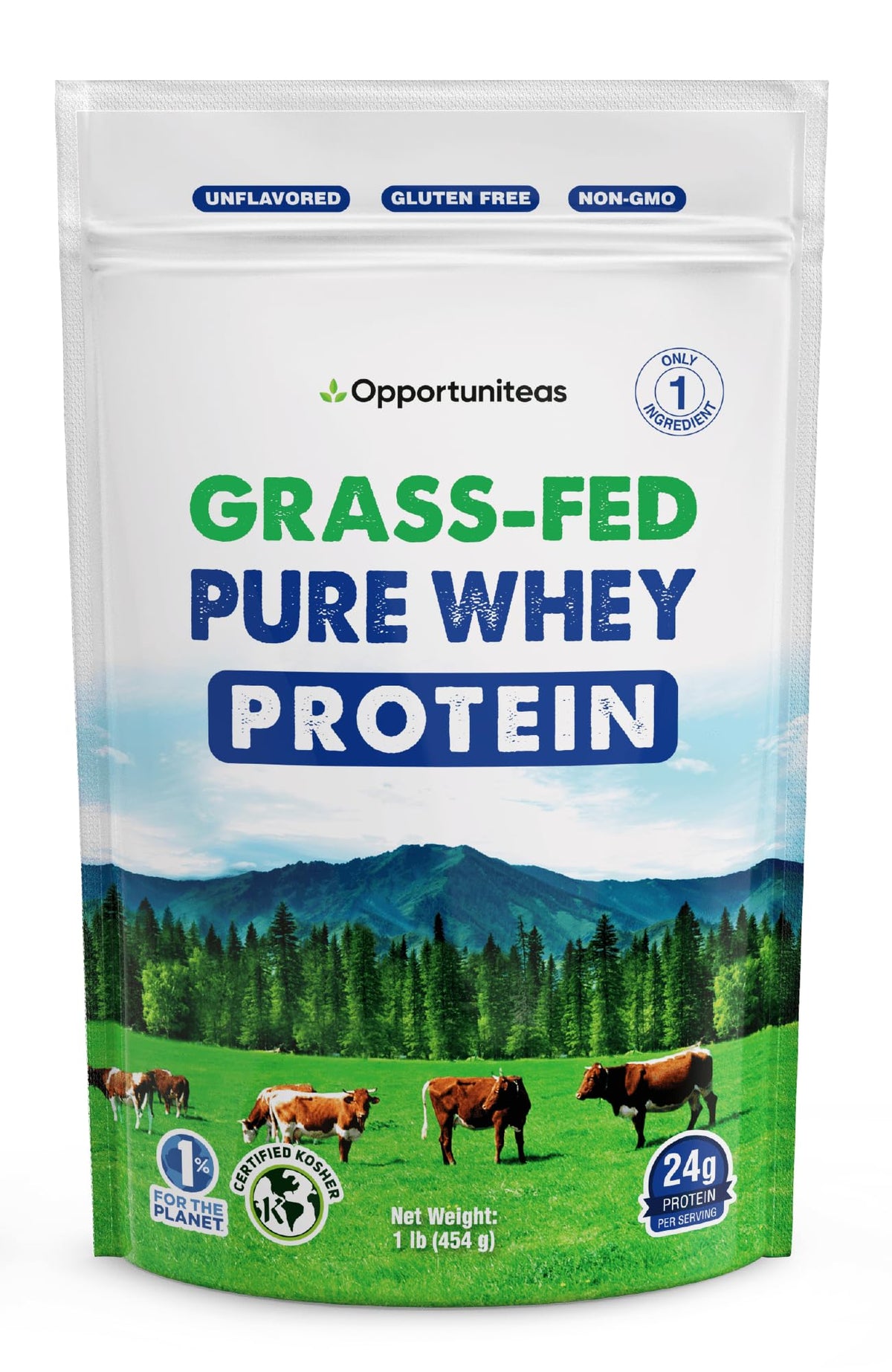 Opportuniteas grass-fed whey container showing hormone-free dairy origin for clean protein
