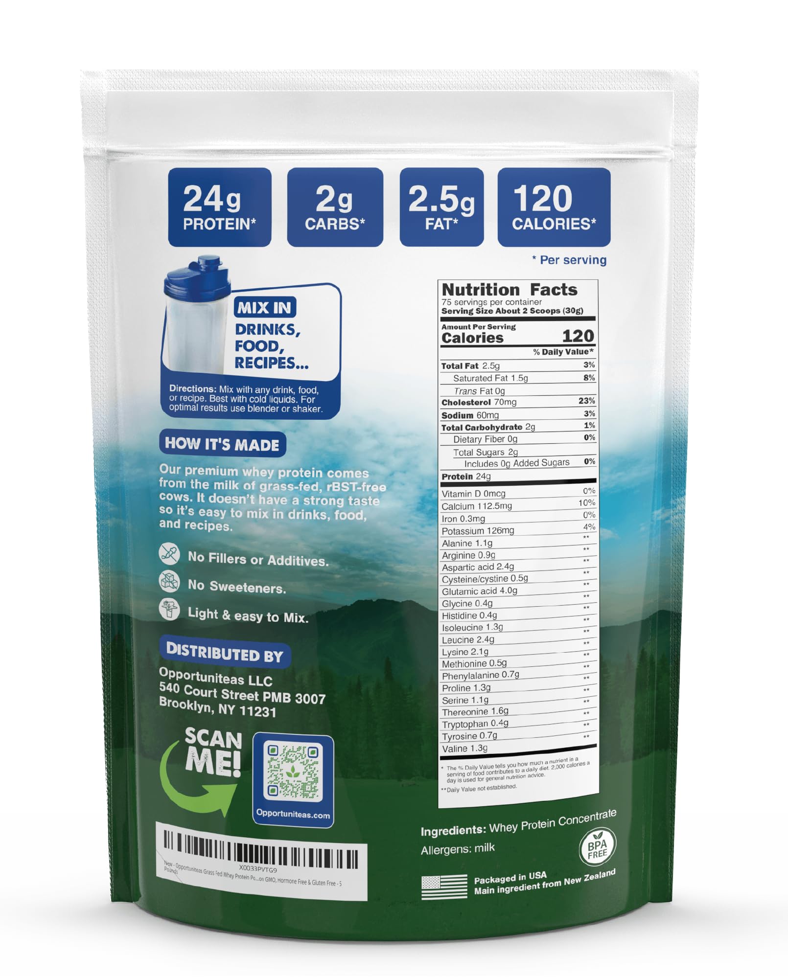 Opportuniteas whey protein scoop close-up, convenient single-ingredient protein.