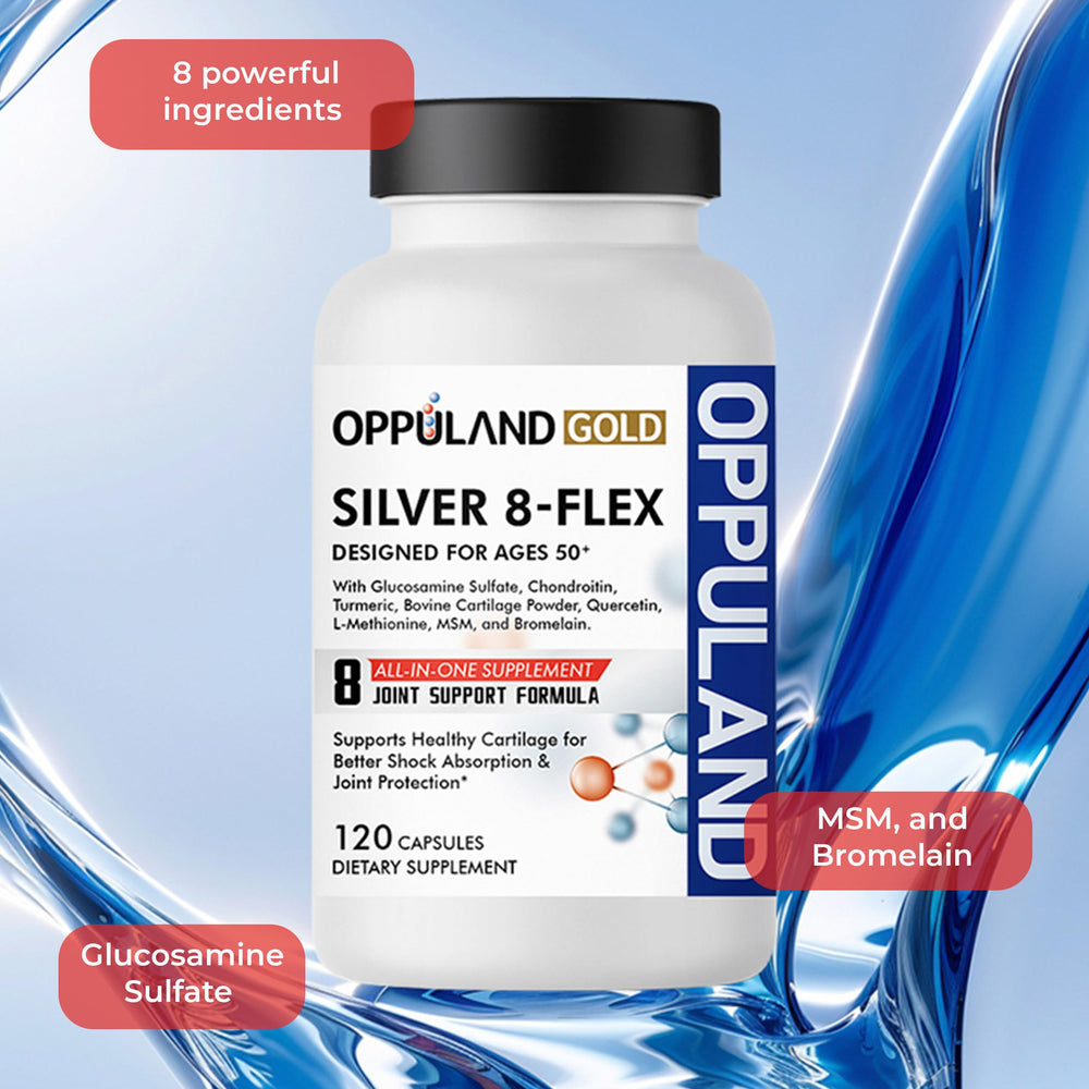 Oppuland Silver 8 Flex bottle with glass of water