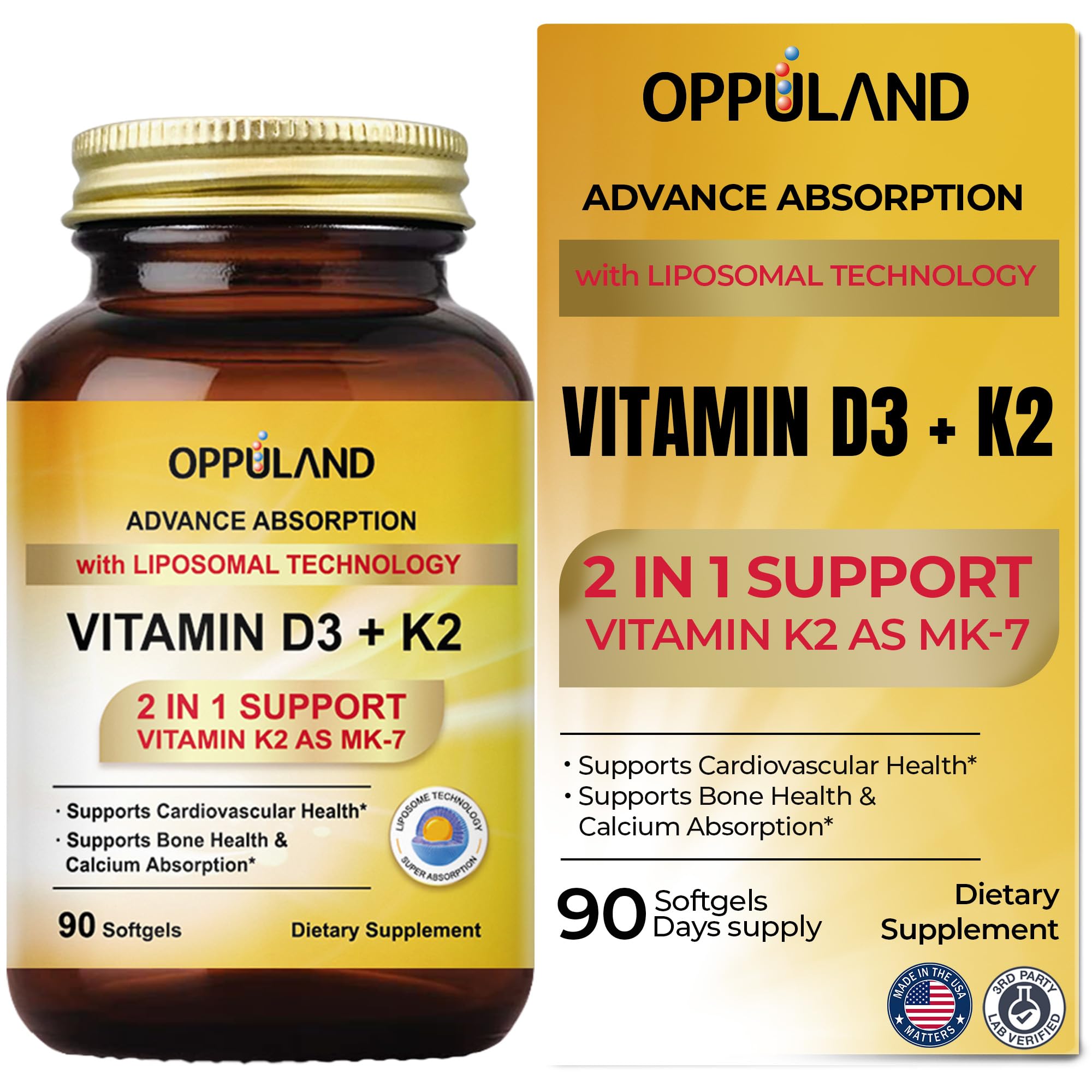 Oppuland Vitamin D3 + K2 bottle on white surface signals easy daily calcium support.