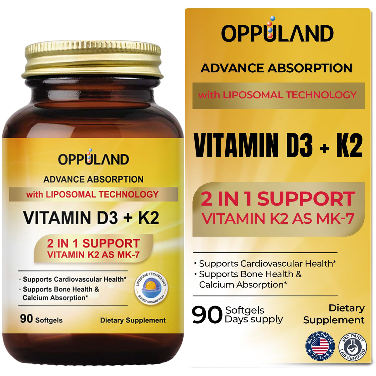 Oppuland Vitamin D3 + K2 bottle on white surface signals easy daily calcium support.