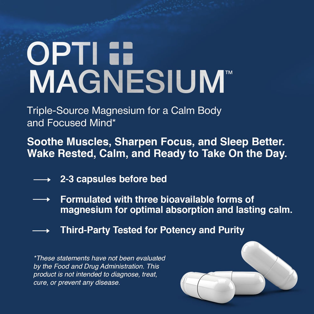 Close-up of Opti + Life MD magnesium capsules highlighting gentle, stomach-friendly formula.