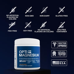 Graphic of Opti + Life MD Magnesium ingredients featuring L-Threonate, Glycinate, and Acetyl Taurate.