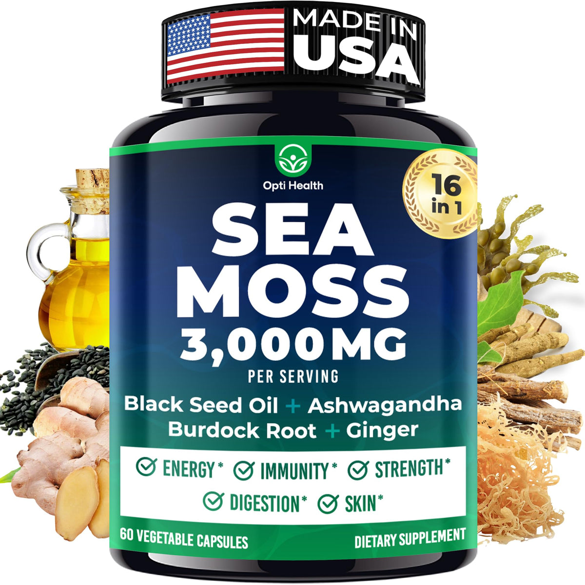 Opti Health sea moss bottle with capsules for convenient daily wellness