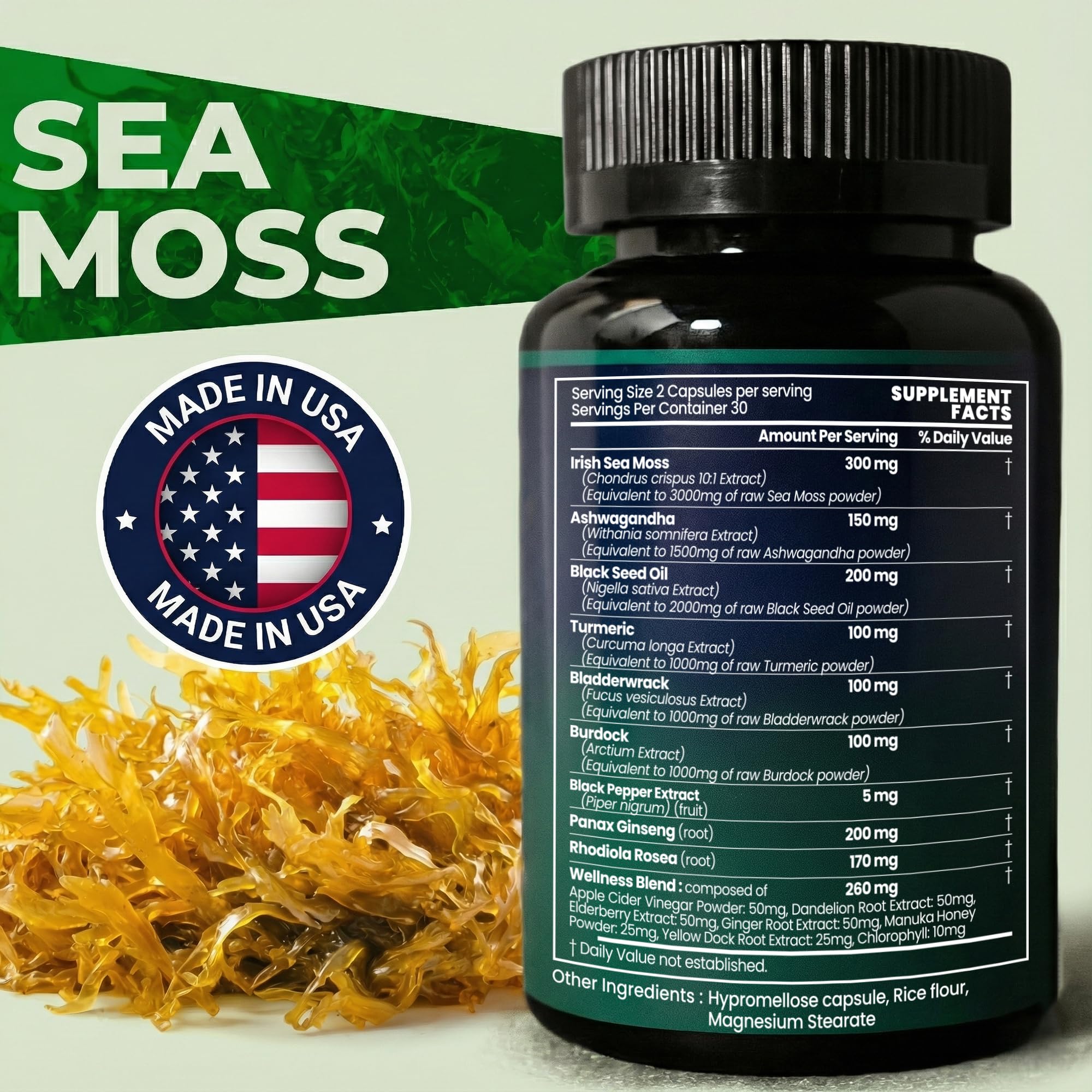 Opti Health sea moss blend ingredients close up with burdock root and bladderwrack
