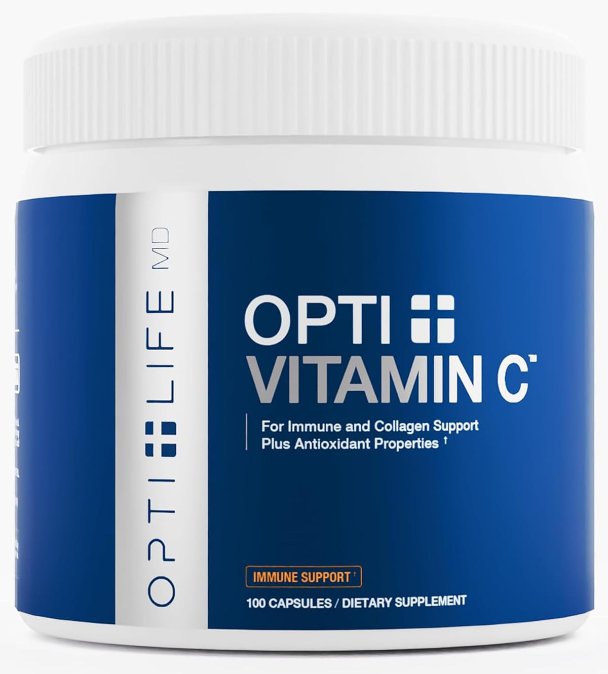 Opti Life MD vitamin C 1000mg capsules bottle close-up showing buffered formula for sensitive stomachs