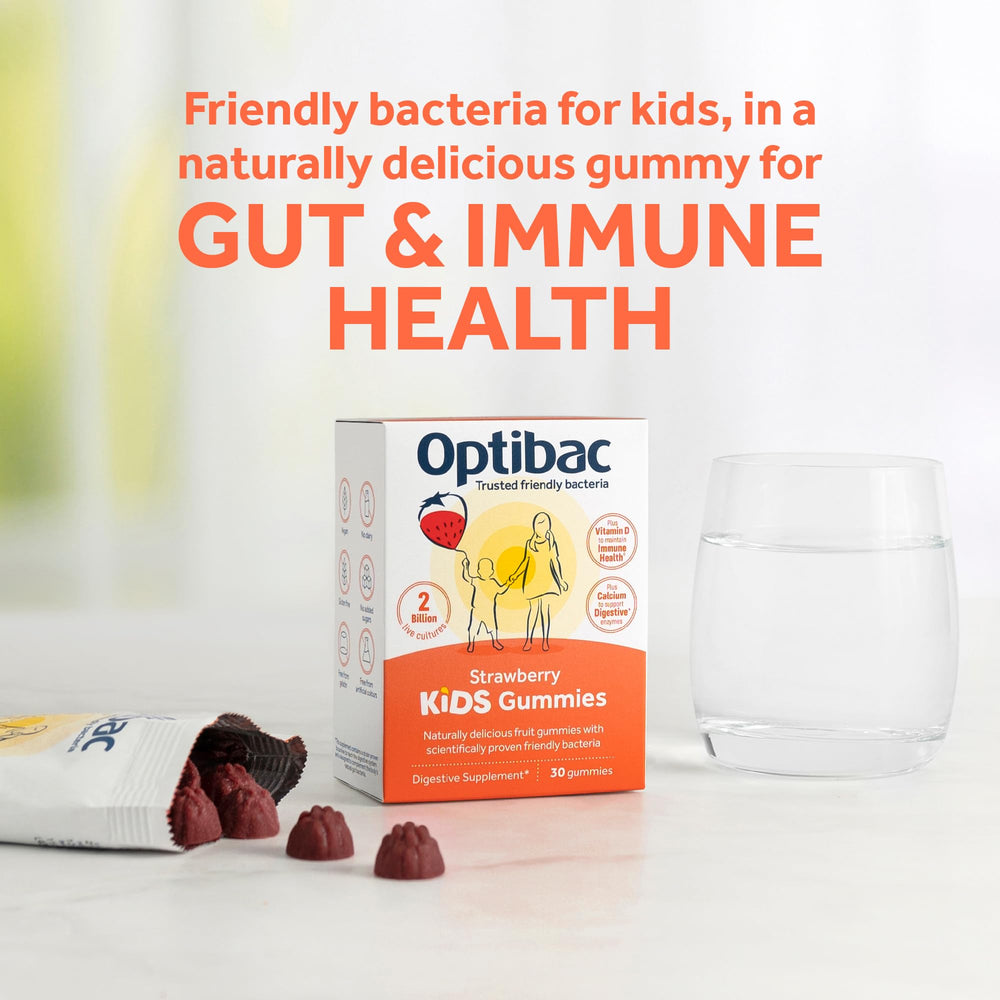 Optibac Kids Probiotics Gummies nutrition panel highlights vitamin D and calcium benefits.