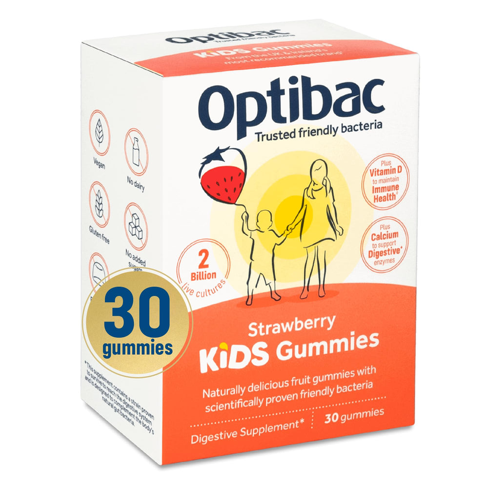 Optibac Kids Probiotics Gummies strawberry bottle supports daily digestive comfort.