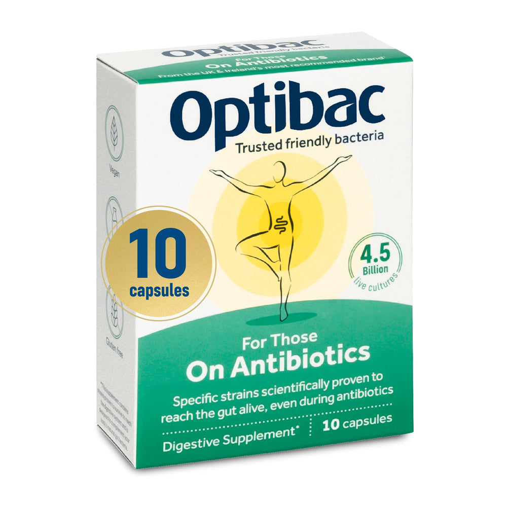 Optibac Probiotics antibiotic bottle cap showing easy-dose capsules for daily digestive support