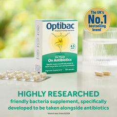 Optibac Probiotics antibiotic bottle front promotes gut-friendly routine during antibiotics