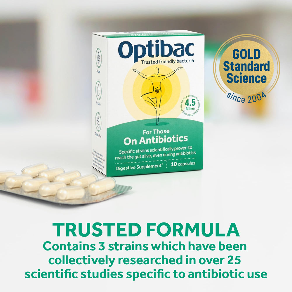 Optibac Probiotics label close-up shows vegan formula suitable with antibiotics