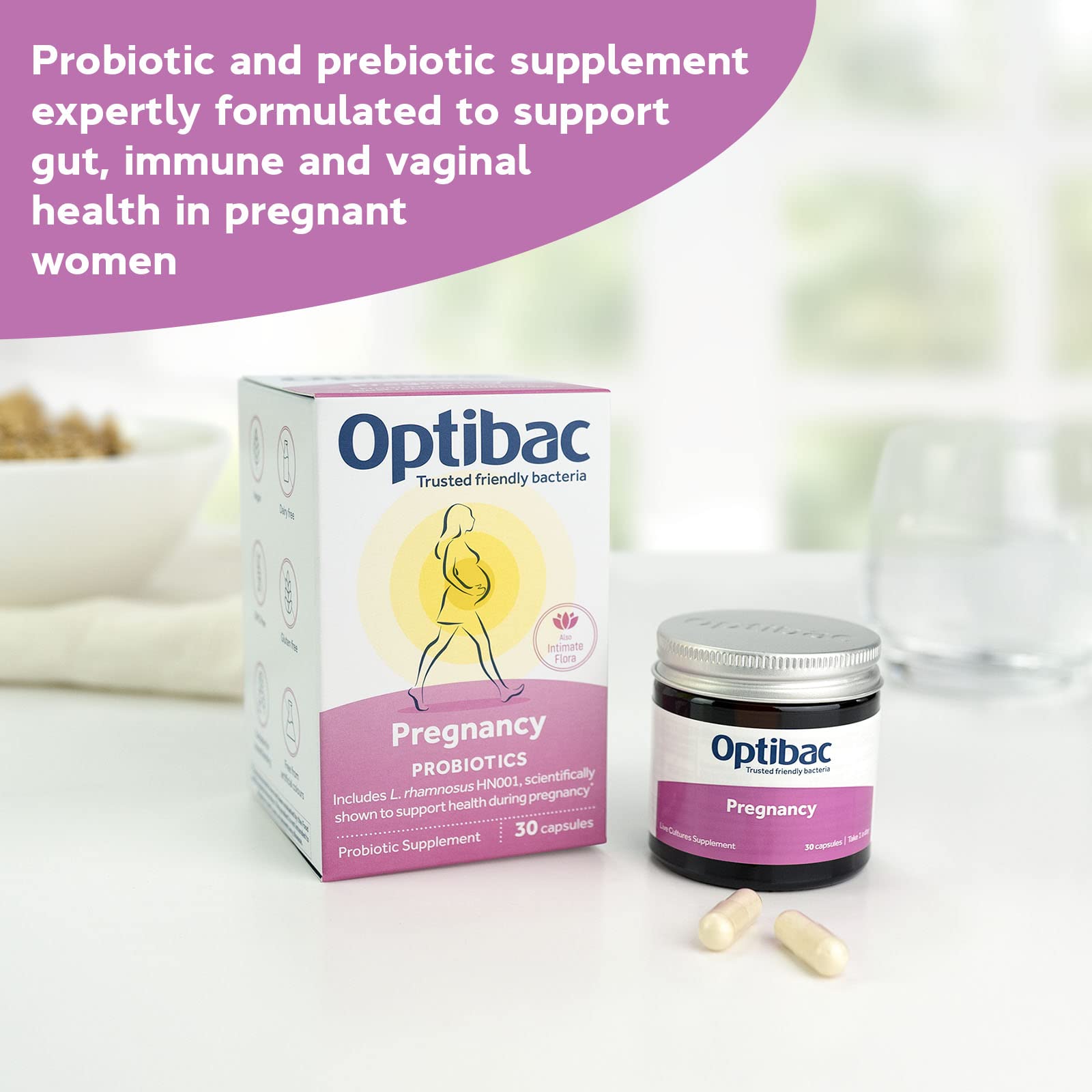Optibac Probiotics Pregnancy capsules close-up highlighting vegan formula.