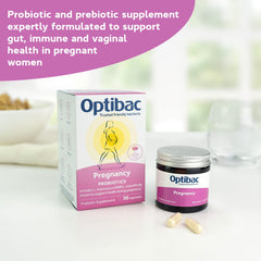 Optibac Probiotics Pregnancy capsules close-up highlighting vegan formula.
