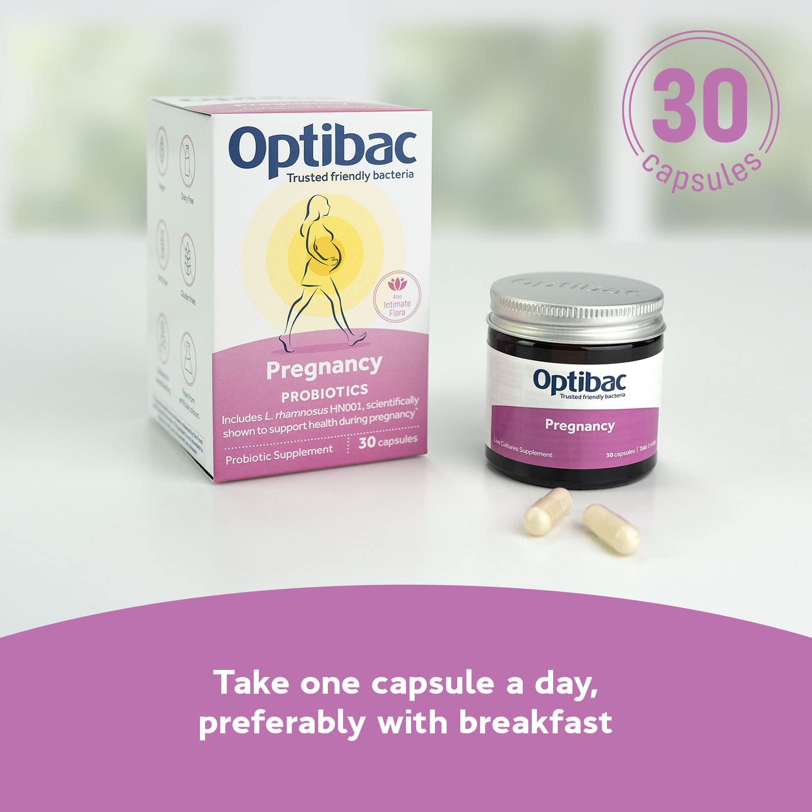 Optibac Probiotics Pregnancy capsules being poured into palm.