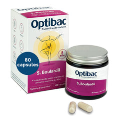 Optibac Saccharomyces boulardii bottle with 5 billion CFU supports digestive balance.