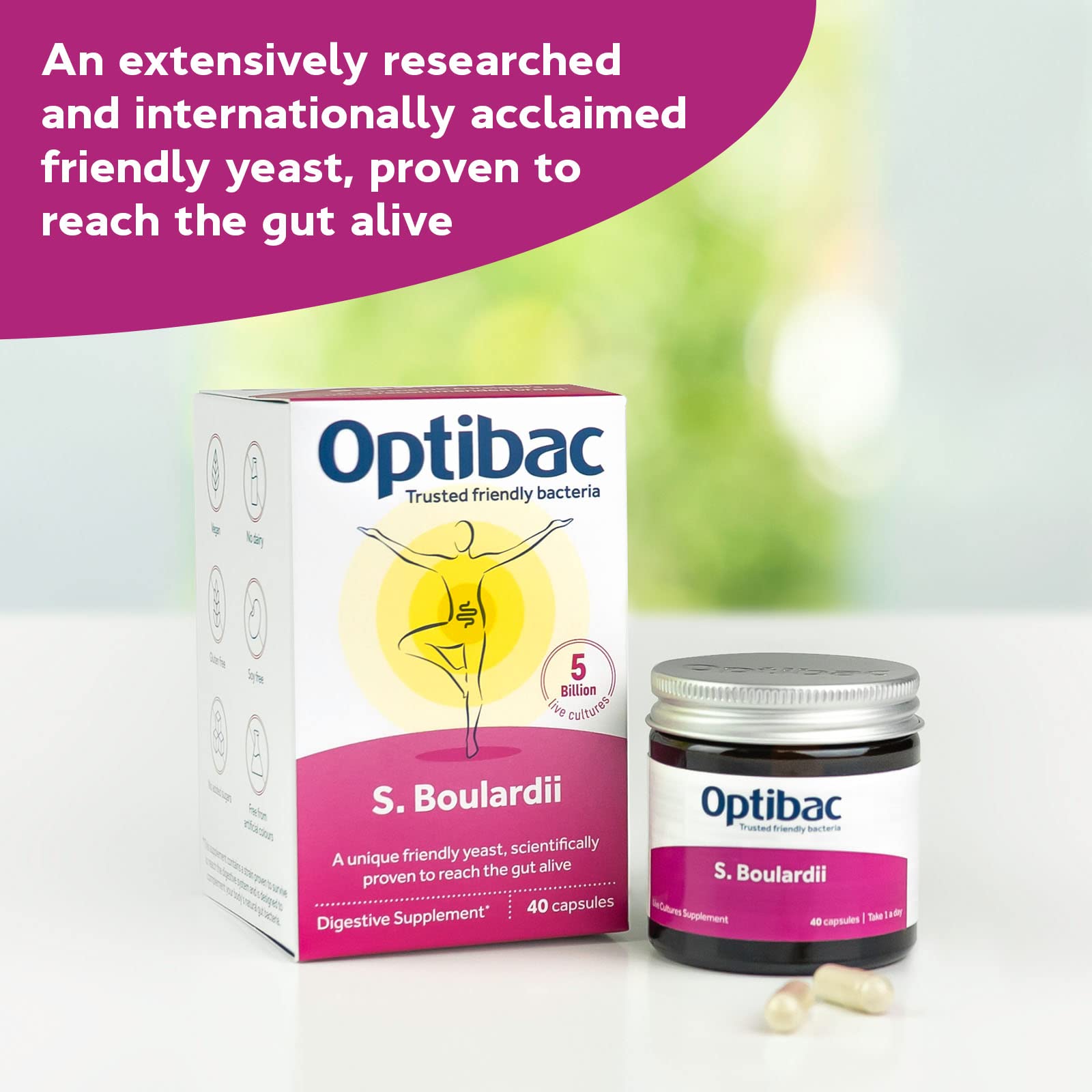 Capsules close-up showing vegan, gluten-free probiotic yeast for gut flora.