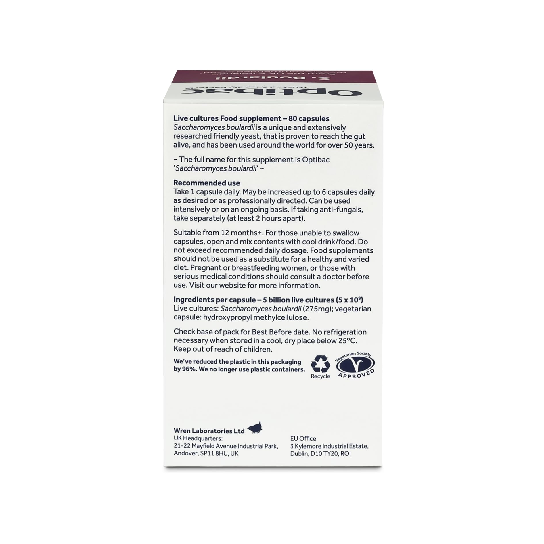 Front of box emphasizes shelf-stable, non-refrigeration probiotic yeast.