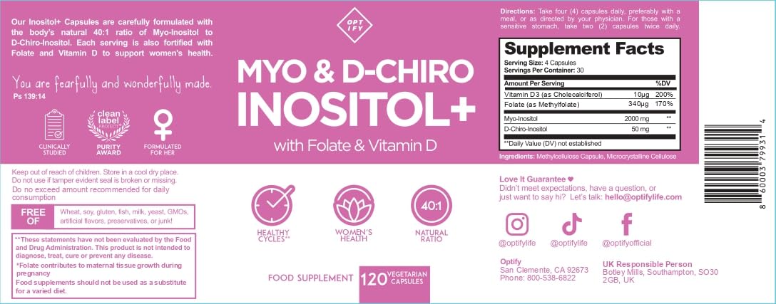 Optify Myo-Inositol D-Chiro Inositol capsules closeup highlights daily 4-capsule serving.